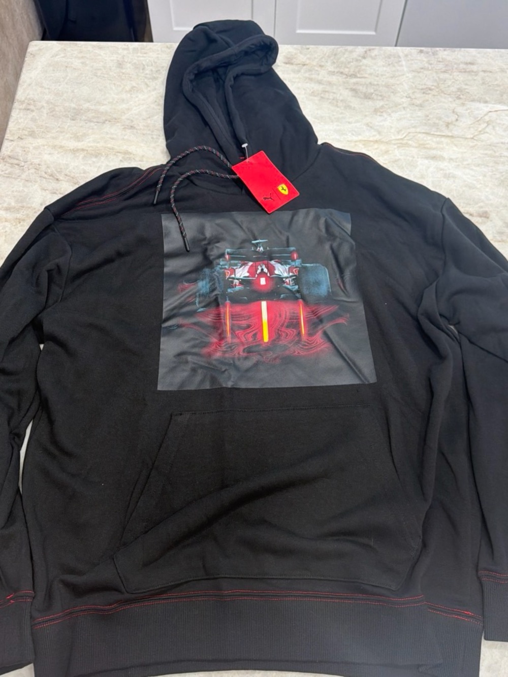 Ferrari Black Hoodie with Red Racing Car Graphic puma Ferrari collab